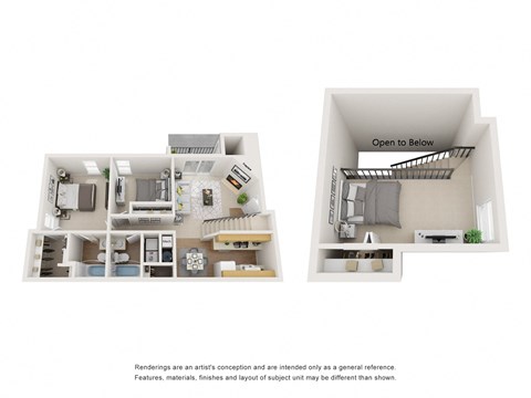 3-D image of a two-bedroom two-bath floor plan
